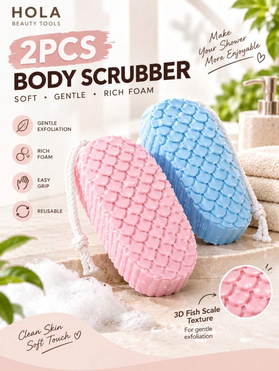2pcs Exfoliating Shower Sponges, Soft Body Scrubber With 3D Fish Scale Texture, Gentle Bath Sponge For Shower & Bath, Rich Lather, Easy Grip, Reusable Bath Accessories