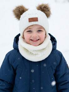 2pcs/Set 1-5Y Double Ball Letter Knit Hat + Plush Scarf 2 Pieces Set, Warm Autumn/Winter Outdoor Knit Hat Set - 2pcs - View 6