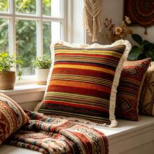 1PC Bohemian Printed Pillow Cover With Tassel Border, Double-Sided Decorative Pillowcase,Retro Color Striped Design, Home Decoration, Sofa, Bed, Bedroom,Christmas (Excluding Pillow Core)-Size Excludes 3cm Tassels - Multicolor - View 6