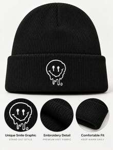 1pc Fashion Couple Melting Dripping Smiling Face Embroidered Knit Hat, Soft Rolled Edge Winter Skull Cap, Stretchy Comfortable Warm Street Style Beanie, Suitable For Autumn/Winter Daily Wear And Outdoor Warmth - Melting Drip  Face Style - View 4