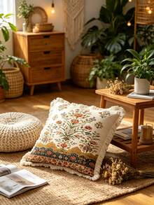 1PC Rural Printed Pillow Cover, Tassel Border, Double-Sided Decorative Pillowcase, Geometric Lace Floral Design Pattern, Home Decoration, Sofa, Bed, Bedroom(Excluding Pillow Core)-Size Excludes 3cm Tassels - Multicolor - View 10