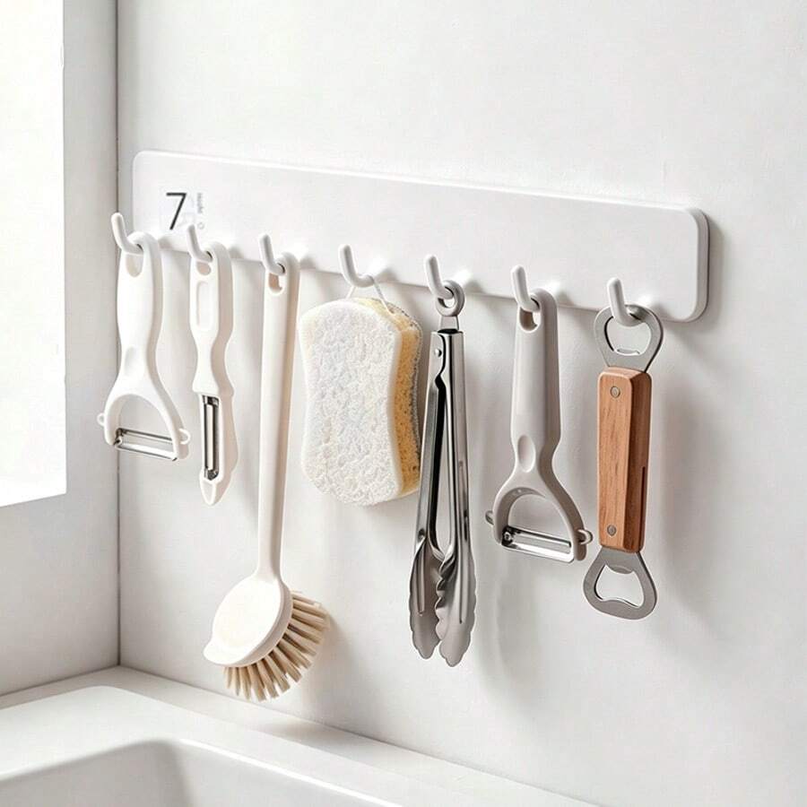 1pc/2pcs Kitchen Hooks, No-Drill Dish Cloth Rack, Wall-Mounted Pot & Pan Holder, Spoon & Utensil Storage Hooks, Door Back Entryway Coat & Bag Hooks, 5-Hook/7-Hook