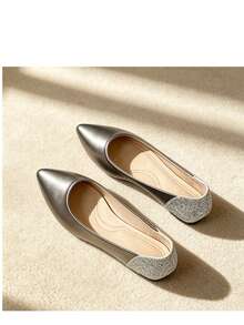 Women's Pointed Toe Shallow Flat Shoes With Rhinestone Heel Patchwork Soft Leather Granny Shoes, Commute Versatile Gentle Fairy Shoes - Dark Grey - View 9