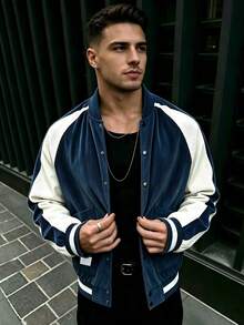 EVRINFINITE Men's Casual Fashion Colorblock Old Money Style Jacket - Blue - View 3