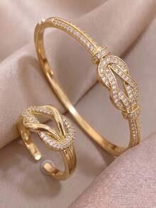 2Pcs Luxury Interwoven Knot Zirconia Gold Bangle Ring Set, Sparkling Full Pave CZ Bracelet & Ring, Wedding Banquet Evening Party Fashion Jewelry - Multicolor - View 4