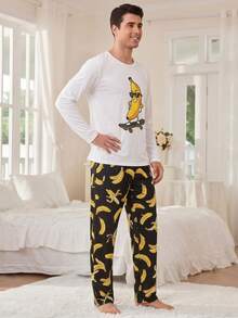 Men's Fun Home Set - Long Sleeve T-Shirt With Skateboard Banana Print + Black Loose Banana Pattern Pants, Casual 2-Piece Pajama Set, Perfect For - White - View 4