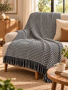 1pc American Vintage Plaid Tassel Throw Blanket, B&B Style Living Room Sofa Decor Photo Prop Blanket - Waffle Black and White - View 3