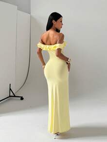Autumn Solid Color Off-Shoulder Ruffle Hem Slit Dress Women Elegant Party Date Dress - Yellow - View 3