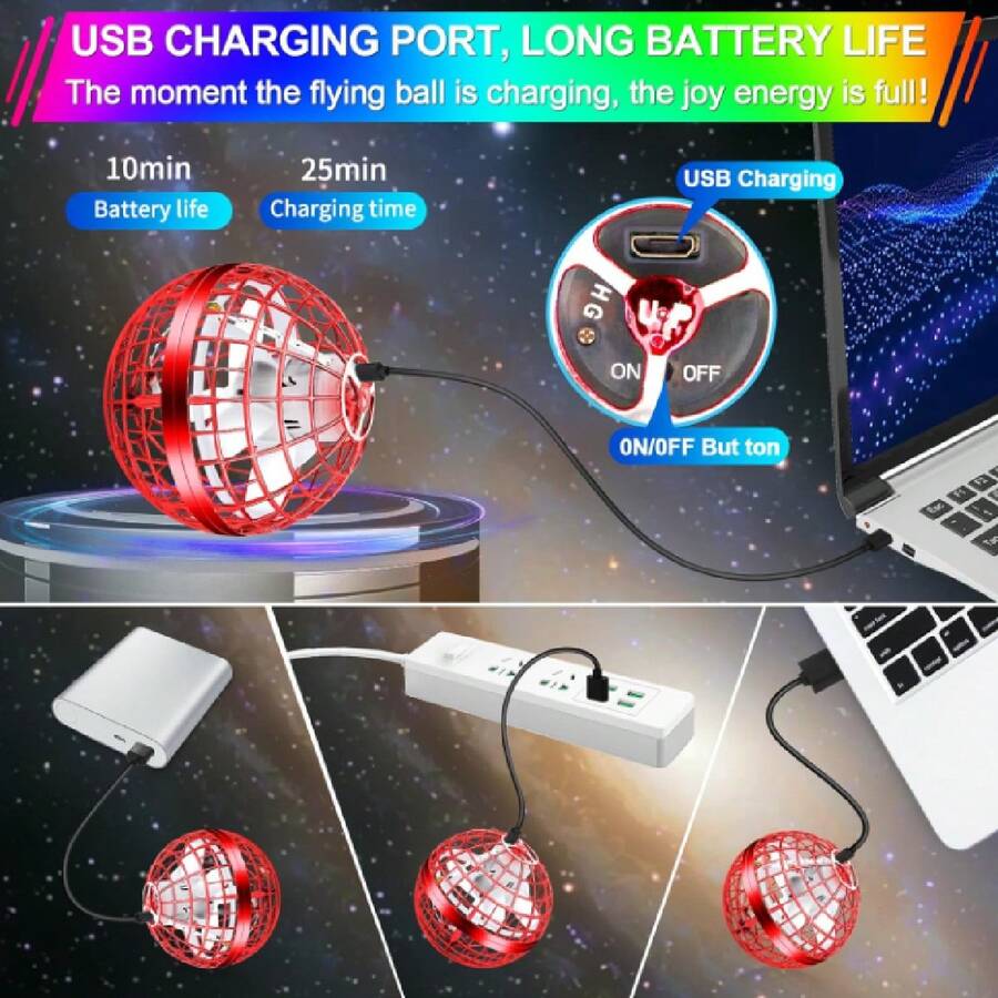 RGB Magic Flying Ball With Boomerang Effect, Mini Drone For Kids, Magic Ball With Built-In Lights And 360° Rotation, Flying Ball Hoverball Spinner Toy - Red - View 1