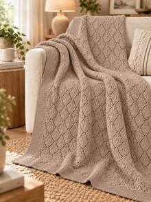 1pc Breathable Hollow Knit Throw Blanket, Soft Skin-Friendly Sofa Blanket, Bedroom Bed Throw, Suitable For All Seasons - Khaki Grey - View 3
