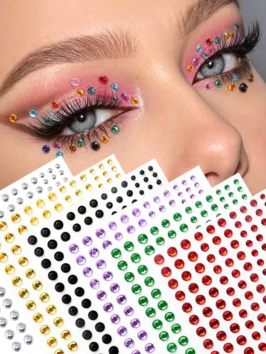 1 Sheet Self Adhesive Rhinestones Face Gem Stickers For Face Eye Body Makeup, Fake Piercings For Halloween Festival DIY Rave Accessories Y2K - Multicolor - View 1