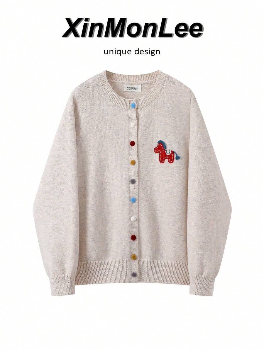 Soft & Skin-Friendly Korean Style Round Neck Embroidered Pony Sweater Button Cardigan, Suitable For Evening Date, Office, Daily Wear, Autumn/Winter - Apricot - View 1