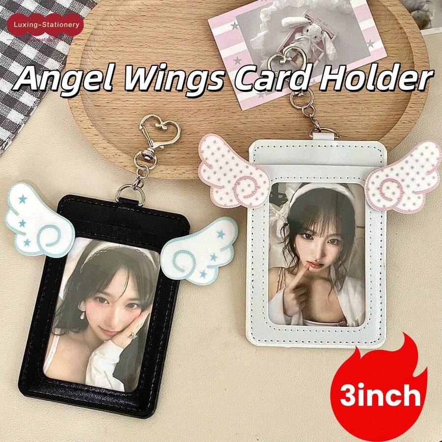 Ins Wing Double Layer Leather Card Holder, ID Badge Holder, Access Card, Campus, Fan, Bus, Meal Card Protective Sleeve - A - View 1