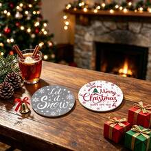 Christmas Minimalist Artistic Text Design Wooden Coaster Set, Round Printed Heat-Insulating Pads, Holiday Table Setting, Winter Atmosphere Desktop Decor, Home Tabletop Decoration, Exquisite Gift Box Holiday Small Gift - Wooden Coaster/LDX325 - View 7