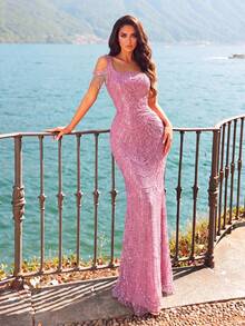 Luxury Sparkling Beaded Evening Gown - Mermaid Silhouette, Square Neckline Design Wedding Party Fall - Baby Pink - View 5