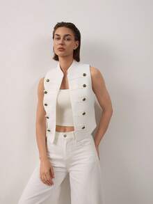 Sleeveless Stand Collar Button-Front Tweed Vest Top White Summer - White - View 5