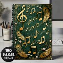 1pc Of Spiral Notebook Featuring An Elegant Music Design With Silver Notes, A Treble Clef, Pearl And Feather Details, - An Ideal Gift For Women, Men, Colleagues, And For Office Or School Use,Horizontal Line Notebook - 1 Pack (50 Sheets/100 Pages) - View 3