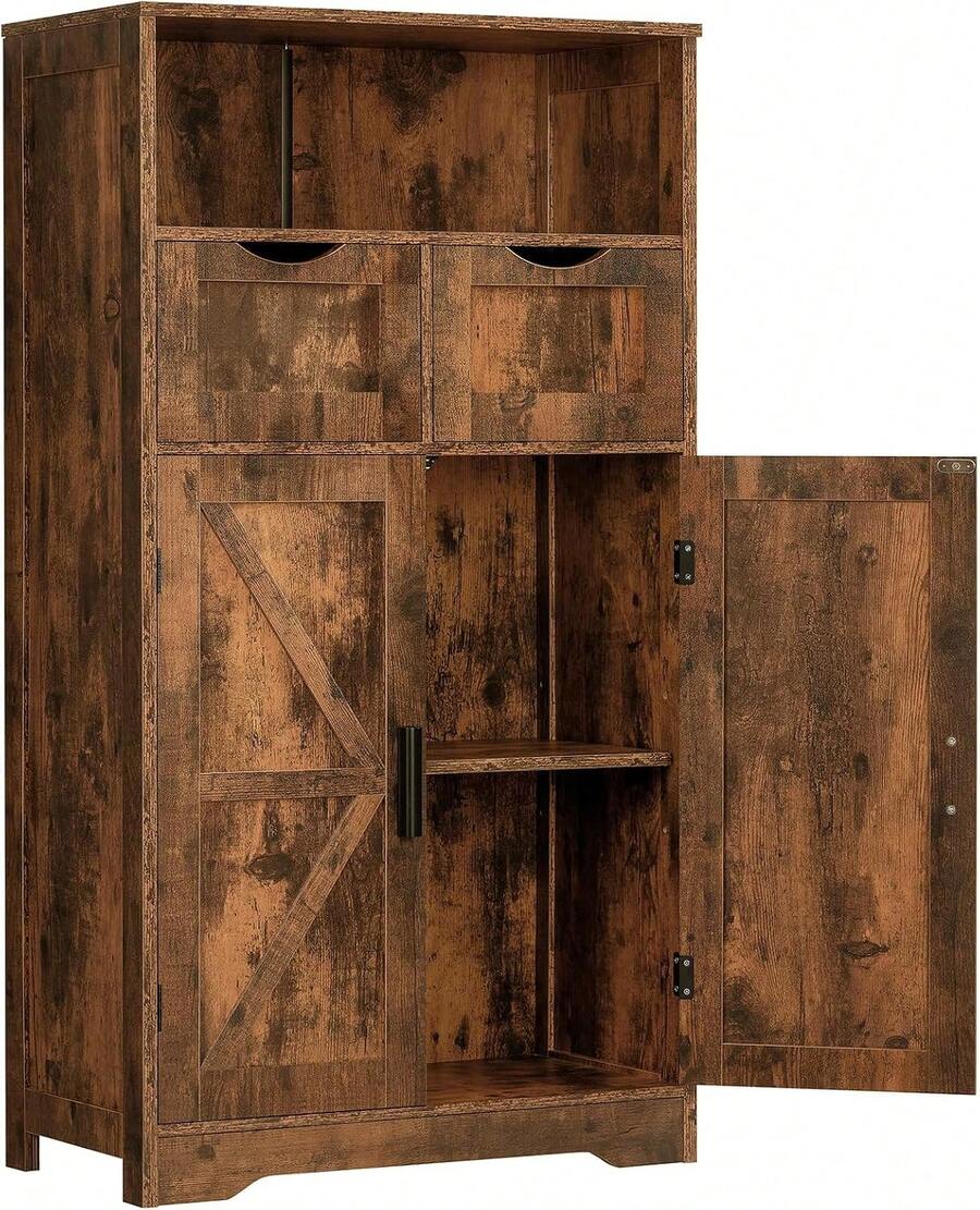 Gabinete de almacenamiento de granja, clóset de almacenamiento de cocina con 2 cajones ajustables y estante, armarios de piso, clóset, para sala de estar, oficina en casa, cocina, café rústico - Marrón (Marrón rústico) - Ver 1