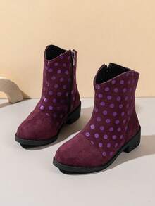 1 Pair Girls' Burgundy Purple Polka Dot Side Zipper Mid-Calf Boots, Suitable For Party, Performance, Holiday Wear - Burgundy - View 4