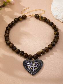 1 Pc Leopard Print Heart Pendant Beaded Necklace For Women, Statement Chunky Chain Jewelry For Party Daily Wear - Necklace 1 - View 4
