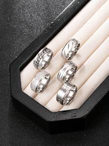 Hipoem Set 5 Cincin Pria Stainless Steel Bergaya dengan Elemen Rantai Timbul Matte, Cocok untuk Pemakaian Sehari-hari dan Aksesori Halloween - Perak - View 3