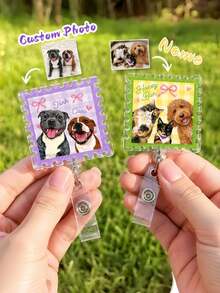 Personalized Pet Photo Bag Charm, Fan-Shaped Frame Bow Floral Plaid Backpack Accessory - Multicolor - View 2
