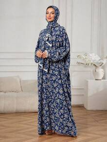 Women's Navy Blue Ditsy Floral Abaya Dress With Matching Ruffle Trim Hooded Hijab, Long Sleeve Loose Long Ramadan Prayer Robe For Ramadan And Eid - Royal Blue - View 2