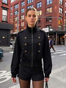 Autumn/Winter Solid Color Metal Buckle Epaulette Stand Collar Long Sleeve Cropped Slim Fit Utility Jacket, Daily Commute Vintage Outerwear Autumn Fashion - Black - View 3