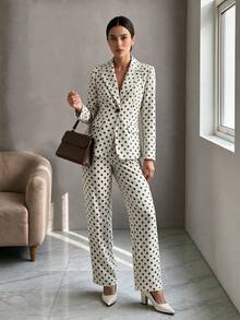 Women's Autumn/Winter Black & White Polka Dot Lapel Elegant Button Front Regular Sleeve Blazer Jacket And Pants 2 Pieces Set - White - View 5