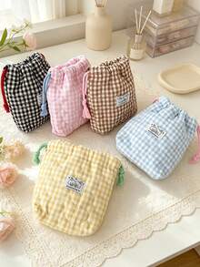 1pc Heart Quilted Drawstring Pouch Grid Print Cosmetic Bag Portable Travel Storage Bag For Makeup Jewelry Accessories & Earbuds Multi-Use Sundries Bag - Multicolor - View 3