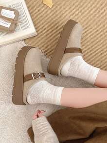 Beige Woven Fabric Thick Sole Round Toe Metal Buckle Slip-On Mule Loafers For Women, Spring/Autumn - Beige - View 3