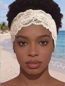 1pc Women's Lace Headband, Suitable For Daily Wear, Summer Hair Accessory, Vacation Beach Style Fashion Hairband - Off White - View 3