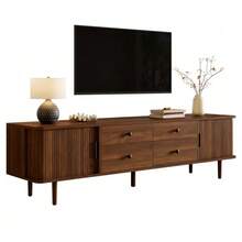 TV Lowboard 165 Cm, MDF TV Cabinet With 4 Drawers And 2 Sliding Doors, Large Storage Space, Rounded Corners - Walnut + MDF - View 3