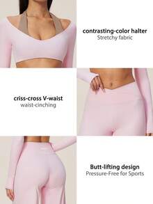 TimeOff Women's One Set Autumn/Winter Colorblock Halter V-Neck 2 In 1 Long Sleeve Cropped Top & Cross V-Waist Wide Leg Pants Yoga Set - Pink - View 4