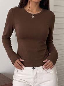 Women's Daily Round Neck Long Sleeve Casual Spring/Fall/Summer T-Shirt Top - Coffee Brown - View 5