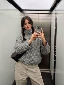 女款復古極簡時尚百搭高領黑色格紋落肩短版拉鍊外套，秋季服飾，日常約會通勤百搭 - 黑與白 - 查看 2