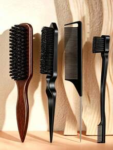 4pcs Wooden Smooth Backcomb Set, Suitable For Creating Smooth Ponytails, Updos, Smoothing Flyaways, Controlling Hairlines, Backcombing And Volumizing Hairstyles. Wide-Tooth Comb Head For Easy Sectioning And Parting. - Multicolor - View 2