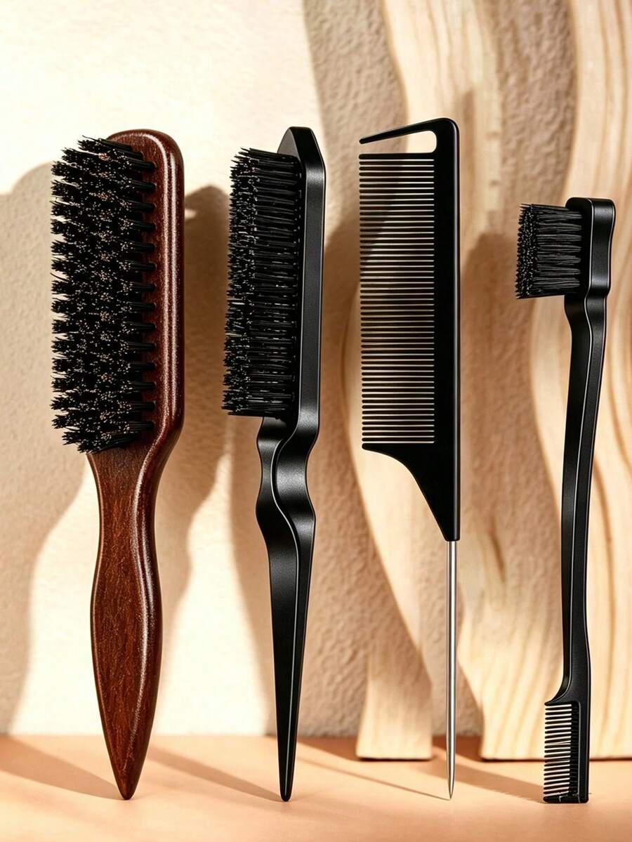 4pcs Wooden Smooth Backcomb Set, Suitable For Creating Smooth Ponytails, Updos, Smoothing Flyaways, Controlling Hairlines, Backcombing And Volumizing Hairstyles. Wide-Tooth Comb Head For Easy Sectioning And Parting.