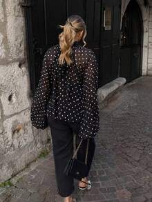 Plus Size Women Polka Dot Print Stand Collar Long Sleeve Loose Blouse - Black - View 4