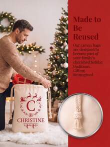 Custom Christmas Canvas Drawstring Gift Sack, Personalized Name & Monogram Santa Sleigh Print Storage Bag, Reusable Xmas Gift Holder, Great Gift For Family & Friends - Multi-color 1 - View 3
