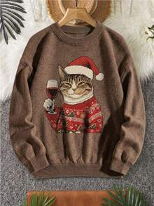 Women's Plus Size Sweater, Christmas Cat Pattern, Comfortable Autumn/Winter Women's Clothing, Long Sleeve Crew Neck - Brown - View 1