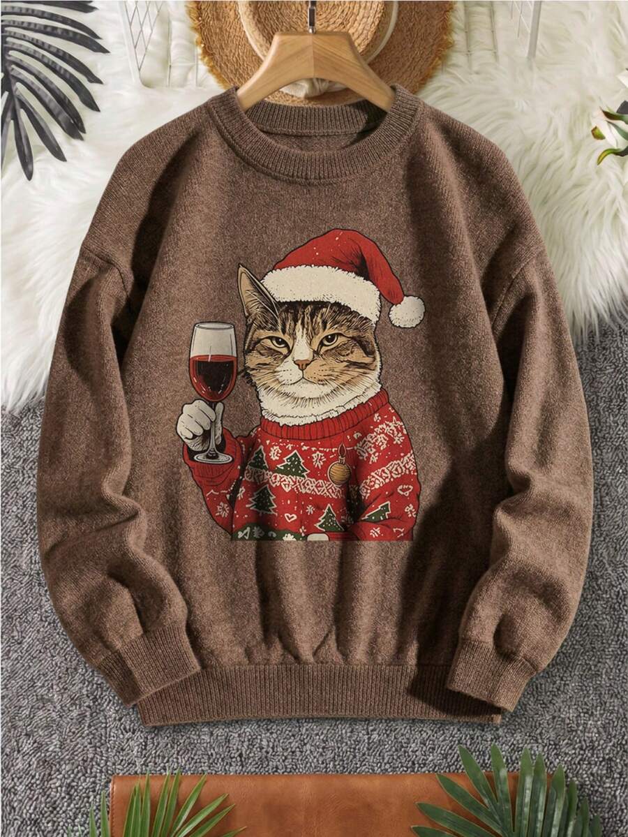 Women's Plus Size Sweater, Christmas Cat Pattern, Comfortable Autumn/Winter Women's Clothing, Long Sleeve Crew Neck - Brown - View 1