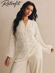 Women's Vintage Elegant Long Sleeve Blouse, Hollow Embroidery Design, Fashionable Casual, Suitable For Spring & Summer Daily Wear - Apricot - View 4