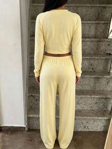 Autumn/Winter Cardigan Hidden Button V-Neck Slim Fit Tie Waist Long Set - Yellow - View 6