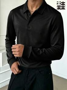 mulinsen 男士純色長袖 Polo 衫，休閒寬鬆彈性上衣，秋冬日常穿著，簡約百搭男裝 - 黑色 - 查看 2