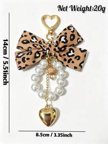 1pc New Leopard Print Fabric Bow Keychain, Sweet Faux Pearl Tassel Pendant With Gold Heart-Shaped Clasp, Key Ring, Car Bag Charm, Holiday Gift - Multicolor - View 9