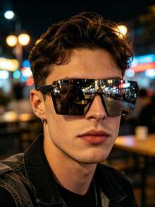 1 PC Men's Shield-Shaped Fashion Glasses Lightweight PC Material Frame Mercury Lens Casual Chic For Camping Street Travel Look With Glasses Box - Multicolor - View 1