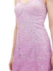 Rich Radi Q's Elegant Women's Purple Lace Midi Dress, Sleeveless Spaghetti Strap Fitted Dress, Contrast Embroidery Detail, Suitable For Formal Occasions - Pink - View 6