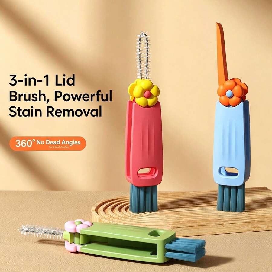 Bàn chải vệ sinh nắp cốc hình cánh hoa 3 trong 1, bàn chải khe hở lông mềm đa năng cho cốc giữ nhiệt, núm vú giả, bàn phím, tẩy bụi, dụng cụ vệ sinh nhà bếp gia đình sáng tạo - Dễ thương - Xem 1