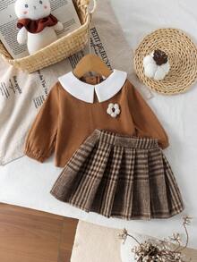 2pcs Set Atasan dan Rok Kerah Peter Pan Gaya Kuliah Lucu untuk Bayi Perempuan, Berat Sedang, Musim Semi/Gugur - Khaki - View 3